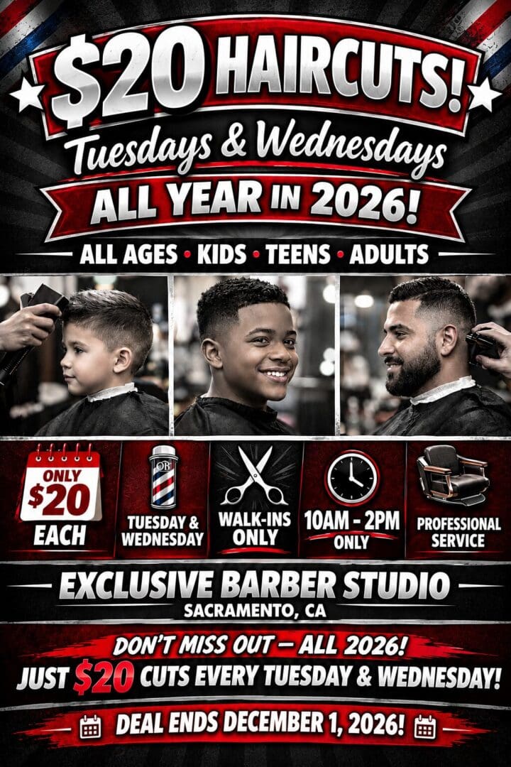 new updated $20 haircuts. ending in December 1st 2026. walk ins only from 10am-2pm
